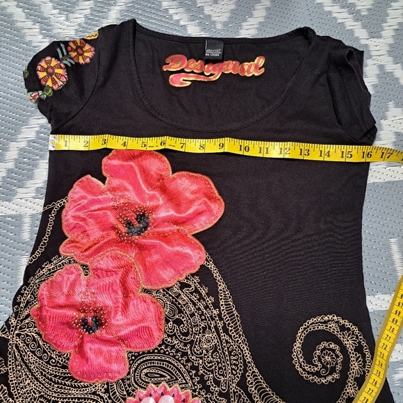 Desigual Floral‎ Black Tunic Top with Pink Accents Cotton - Picture 7 of 8